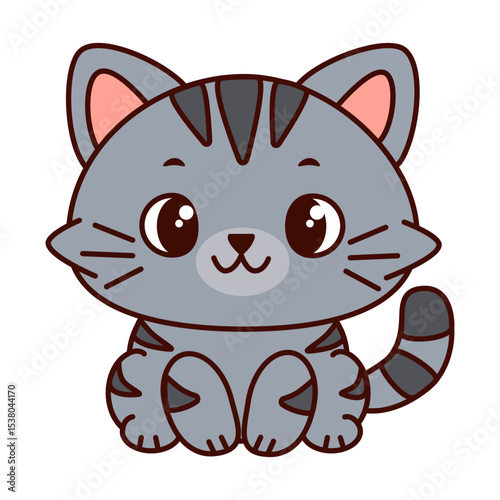 Cute cartoon cat with a gray body and dark stripes. The cat has big, expressive eyes and a playful expression and sits up straight. Kawaii pet. Vector illustration