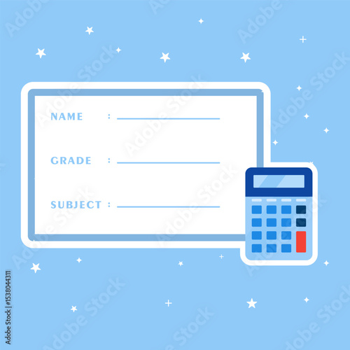 School notebook label with calculator sticker.