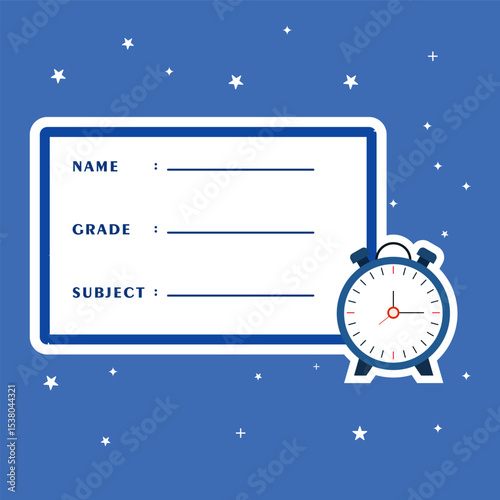 School notebook label with alarm clock sticker.