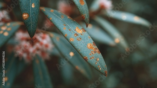 Closeup of green leaves with brown rust spots showing plant disease in natural outdoor environment photo