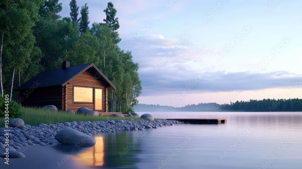 Obraz premium A serene lakeside scene featuring a cozy wooden cabin, surrounded by trees and calm water reflecting the soft evening light.