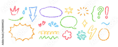 Crayon doodle element set. Hand drawn speech bubbles, star, cloud. Color pencil underline, arrow, spark drawing. Kids doodle chalk style hashtag and lightning. Vector illustration on white background.