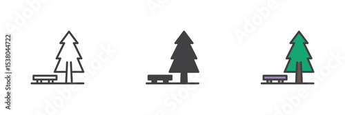 Evergreen tree icon set in line, solid and filled outline style