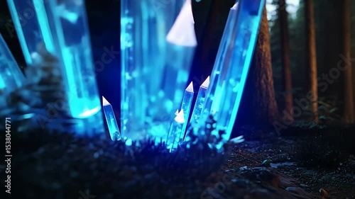 Glowing blue crystals surrounded by lush greenery in a mystical forest setting.