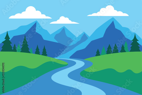 Stylized illustration of a mountain landscape with a flowing river and clouds.