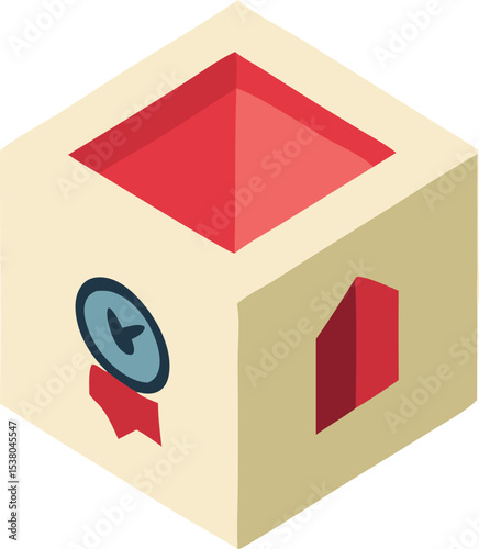Abstract isometric cube design featuring red and beige tones with symbolic elements