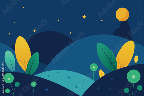 Nighttime landscape with stylized hills, plants, and a moon.