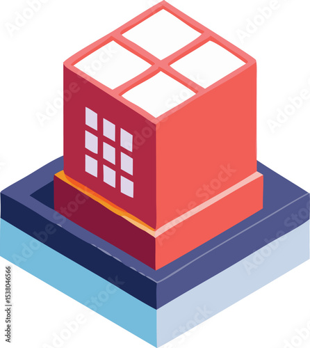 Isometric illustration of a modern multi story building with a layered base