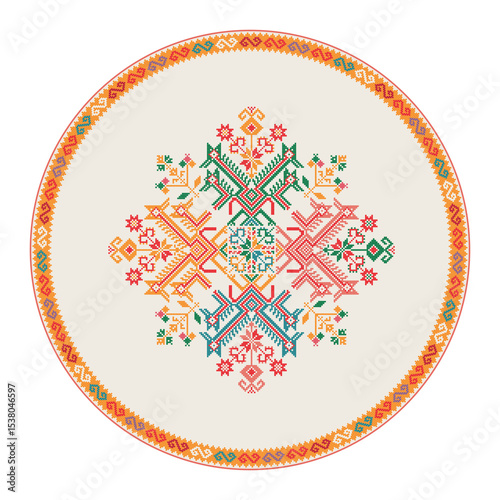 Traditional Mexican Teenek Huastec embroidery design element over white background, vector illustration