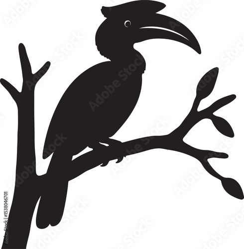 Hornbill sitting on a tree silhouette wildlife vector art illustration