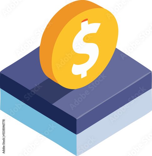 Isometric illustration of a gold coin featuring a dollar sign on a multi layered platform