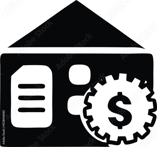 House icon with document and gear mechanism representing financial management