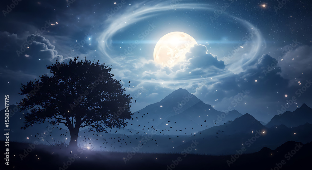 Fototapeta premium Mystical Moonlit Landscape with Glowing Night Sky, Tree Silhouette, and Majestic Mountains – Fantasy Dreamscape Scene