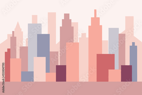 A stylized cityscape at dawn, featuring pastel-toned buildings of varying heights.
