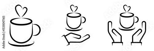 Minimalist black and white vector icons of a steaming hot coffee cup, with and without hands, representing coffee, breaks, and service.