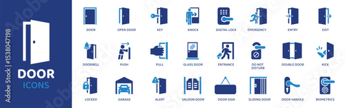 Door - Icon Collection. Thin Line Set contains such Icons as Door, Entry, Exit, Open, Close, Lock, Handle and more. Simple web icons set.