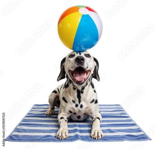 Happy Dalmatian Dog Balancing a Colorful Beach Ball on a Striped Towel