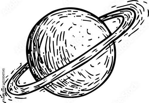 Black and white illustration of planet Saturn with rings in minimal vector style, ideal for astronomy, space design, and science graphics.