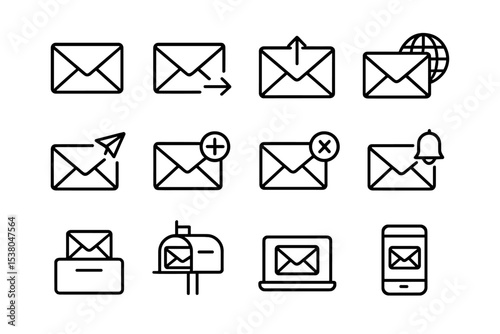 Different styles of envelope icons depicting various actions related to messaging and communication