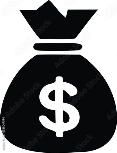 A simple black and white illustration of a money bag with a dollar sign