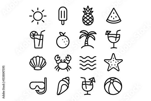 Summer icons featuring refreshing drinks, tropical fruits, and beach elements for fun activities