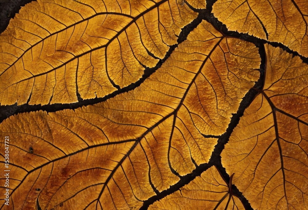 Obraz premium Autumn Leaf Texture: Intricate details of dried autumn leaves, showcasing their veins and golden hues in a close-up shot. The image is rich in texture and color. Ai generated image