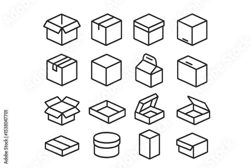 Collection of various box designs showcasing different shapes and sizes for packaging options in a minimalist style