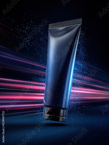 Realistic sunscreen tube with sleek design, set against dynamic background of colorful light streaks, evokes sense of modernity and energy. product stands out, showcasing its potential for sun