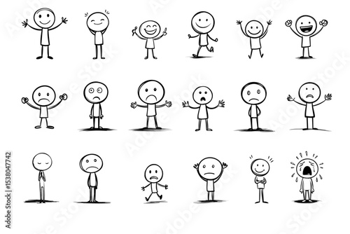 さまざまな感情を表現する人物アイコンのセット線画 棒人間 | Set of Human Emotion Icons