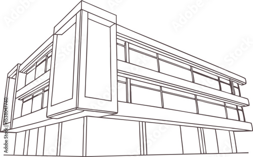 Modern commercial building outline in minimalist line art style. Clean architectural drawing of office or retail structure ideal for design, blueprint, or urban concept illustrations.