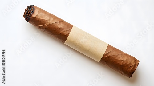 Close up of a lit brown cigar with a blank label on a white background in a studio setting view from above