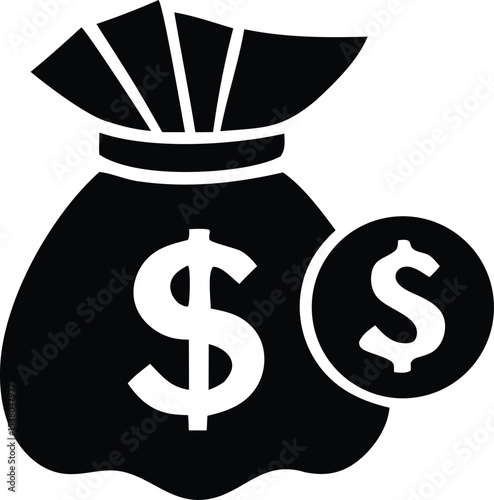 Black and white illustration of a money bag with dollar sign