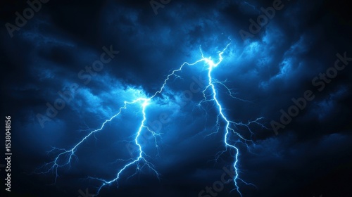 Intense blue lightning bolts streak across a dark, stormy sky filled with ominous clouds.