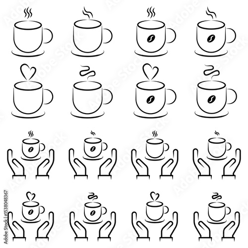 Line Art Coffee and Tea Cups with Heart and Leaf Designs