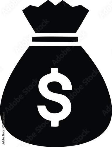 Simple black and white money bag icon illustration featuring a dollar sign