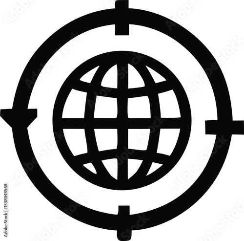 Global targeting icon a black and white graphic representing worldwide reach and strategic focus