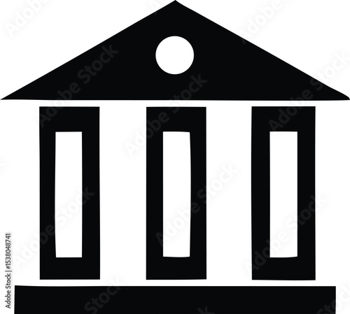 Simple black and white icon of a classical building with three columns and a gable roof