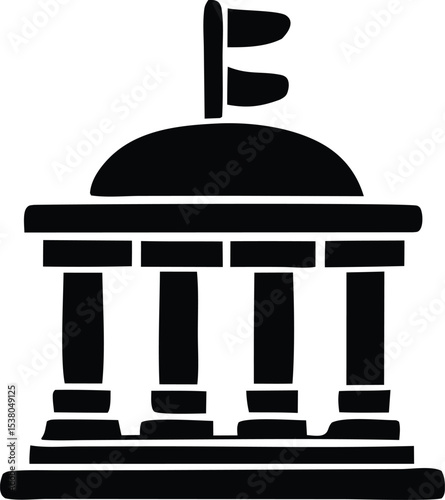 Simple black silhouette illustration of a classical government building with a flag