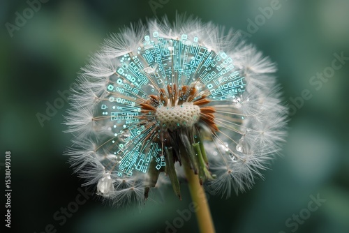 Close-Up of Dandelion Seed Head Interwoven with Sparkling Digital Data Particles, Blending Nature with Technology, Symbolizing Innovation, Digital Transformation, and Organic Connectivity