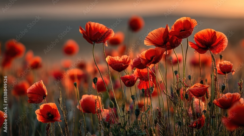 Obraz premium Vibrant red poppy flowers blooming in nature's landscape at sunset captured in scenic view