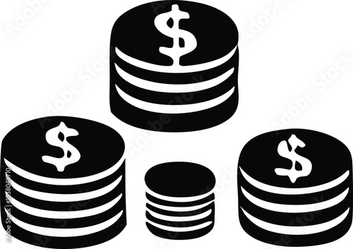 Illustration of four stacks of coins with dollar signs representing financial growth and wealth accumulation