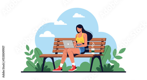Adobe illustrator artwork vector illustration of a woman working on her laptop while sitting on a park bench, enjoying the outdoors, perfect for remote work and summer themes