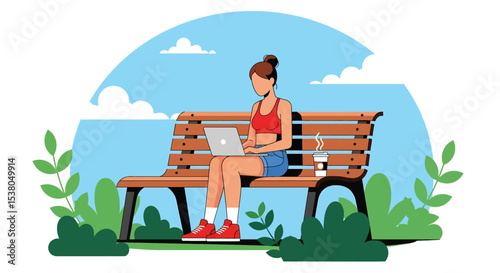 Adobe illustrator artwork vector illustration of a woman working on her laptop while sitting on a park bench, enjoying the outdoors, perfect for remote work and summer themes