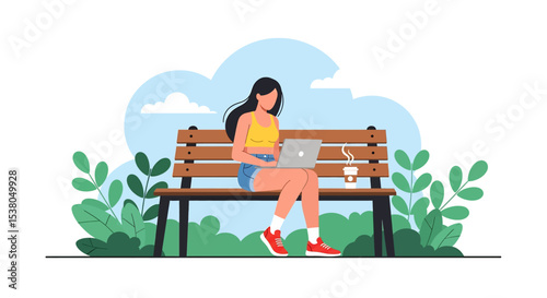 Adobe illustrator artwork vector illustration of a woman working on her laptop while sitting on a park bench, enjoying the outdoors, perfect for remote work and summer themes
