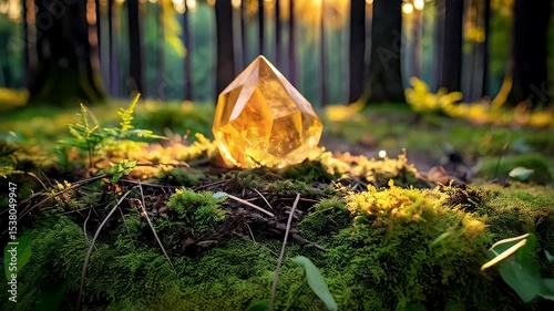 Glistening crystal gemstone on mossy forest floor with bright sunlight shining through trees at dawn, creating magical natural scene.