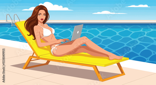 Adobe illustrator artwork vector illustration of a woman working on her laptop while lounging by a sparkling swimming pool, perfectly combining remote work with a summer vacation setting