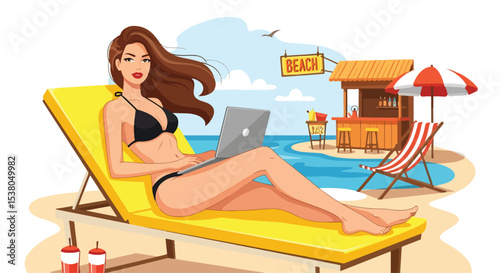 Adobe illustrator artwork vector illustration of a woman working remotely on a laptop while relaxing on a beach chair near a beach bar, blending work and summer vacation vibes