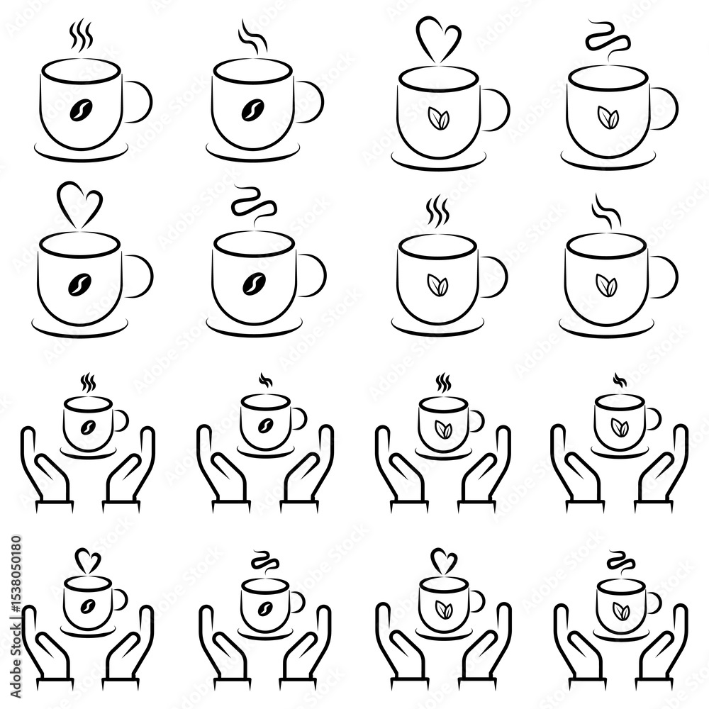 Obraz premium Coffee and Tea Icons with Steaming Mugs and Hand Gestures