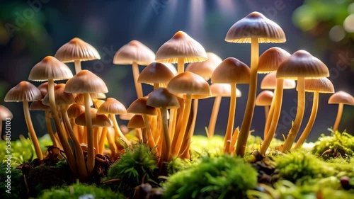 Close-up of multiple Mycena mushrooms growing on a bed of green moss under a bright light, showcasing their delicate caps and slender stems.