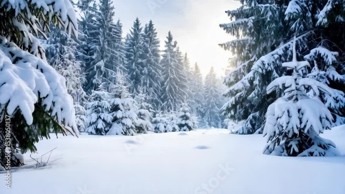 Snowy forest scene featuring evergreen trees covered in thick snow on a bright winter day with sun peaking through the branches.